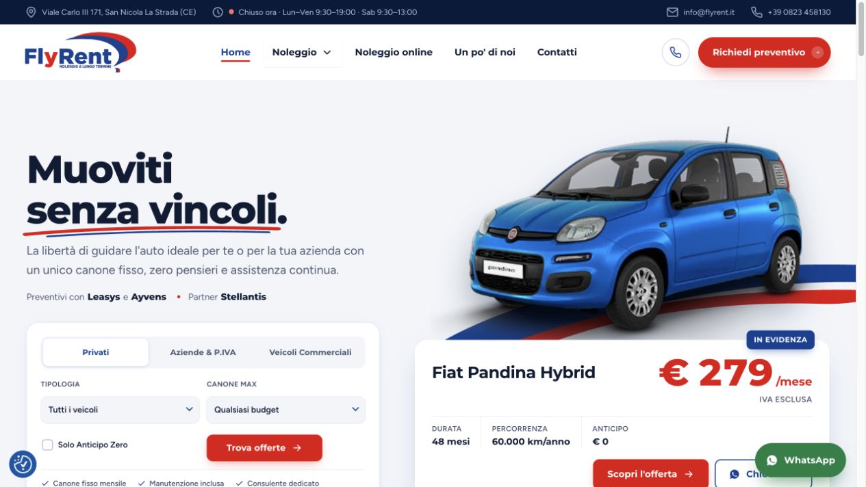 Homepage del sito FlyRent: anteprima del progetto web