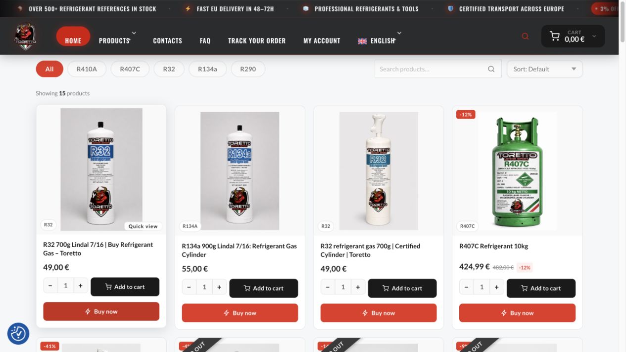 Homepage del sito Toretto Refrigerant: anteprima del progetto web